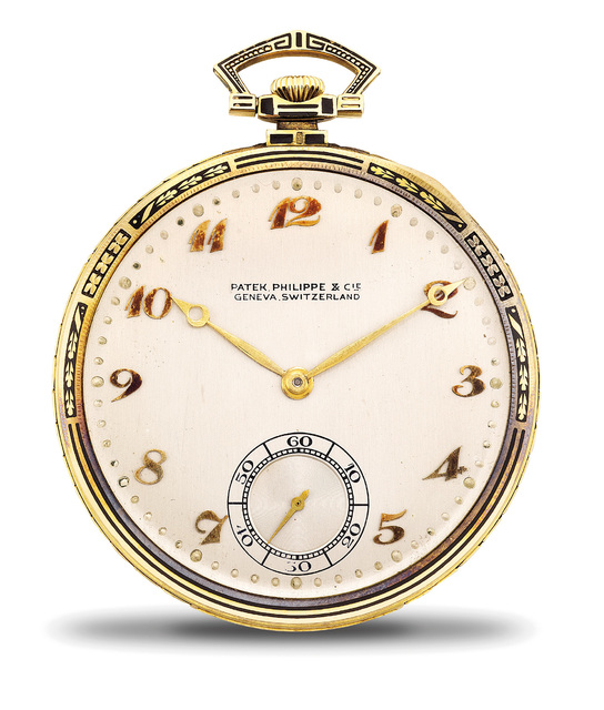 Patek Philippe, ‘A fine and attractive yellow gold and black enamel openface pocket watch with Breguet numerals, presentation box and certificate of origin.’, 1924, Fashion Design and Wearable Art, 18k yellow gold and enamel, Phillips
