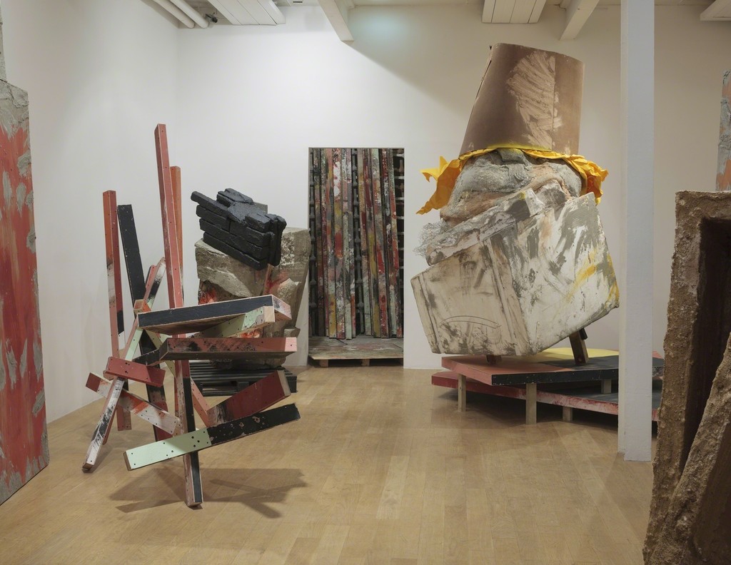 Phyllida Barlow: set
left to right: untitled: caro, 2015; untitled: block, 2015; untitled: postsgridspallets, 2015; untitled: dunce, 2015.
Installation view: set, The Fruitmarket Gallery Phyllida Barlow: set
left to right: untitled: caro, 2015; untitled: block, 2015; untitled: postsgridspallets, 2015; untitled: dunce, 2015.
Installation view: set, The Fruitmarket Gallery
