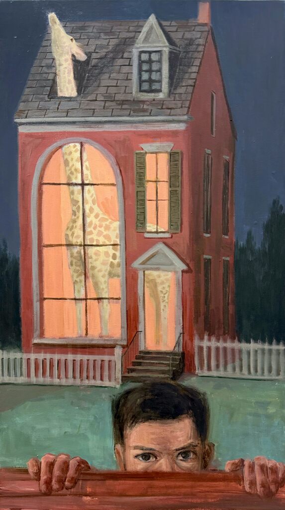 Tianhao, The Human Condition IV, 2026. A giraffe stands compressed inside a narrow house, its neck rising through the roof, while a man remains inside the warm interior.