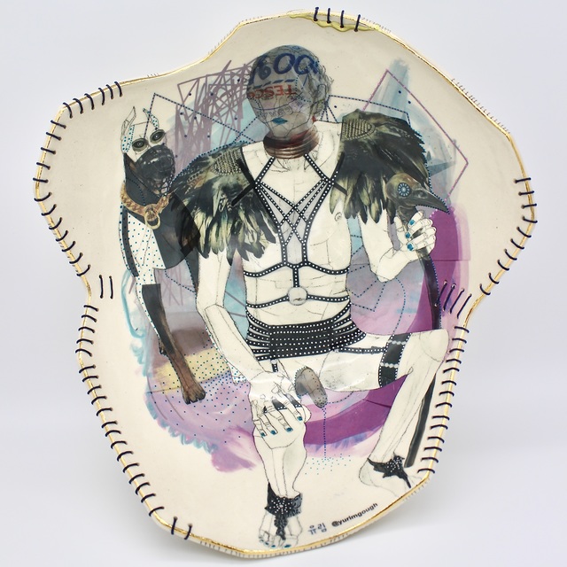 Yurim Gough, ‘HE LOVES IT!’, 2020, Sculpture, Life drawing on stoneware with ceramic pencil, transfers, gold, thread, Paradigm Gallery + Studio