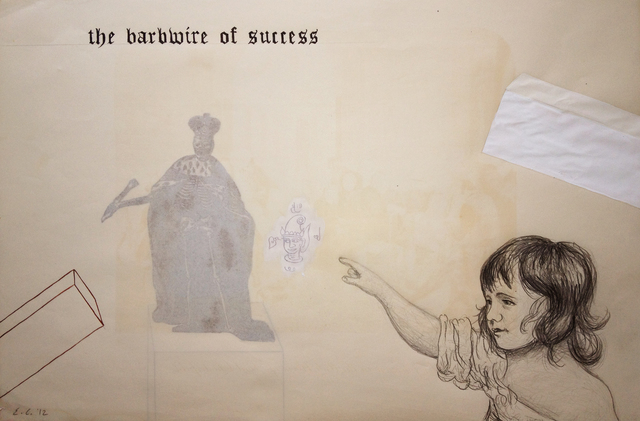 Enrique Chagoya, ‘Ghostly Meditations (the barbwire of success)’, 2012, Mixed Media, Acrylic and India ink on de-acidified 19th century paper (facing pages of etchings from a 19th century book), Lisa Sette Gallery