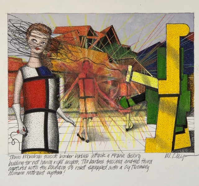 Michael Dwyer, ‘Three Mondrian suicide bomber barbies attack a Frank Gehry building for not having right angles. Two barbies succeed and the third captured with the Bauhaus 25 robot equipped with a Cy Twombly humane restraint system!’, 2020, Drawing, Collage or other Work on Paper, Mixed Media on Paper, M.A. Doran Gallery