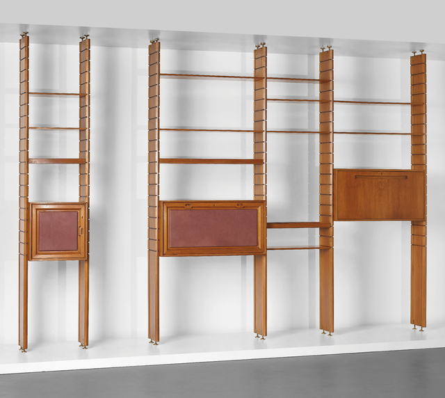Studio BBPR, ‘Modular bookcase’, ca. 1960, Design/Decorative Art, Walnut, walnut-veneered wood, leather bound wood, brass, Phillips