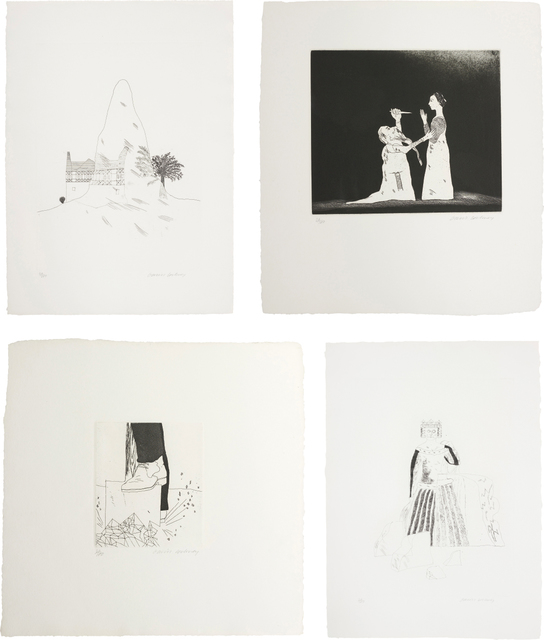 David Hockney, ‘The Glass Mountain; Old Rinkrank Threatens the Princess; Digging up Glass; and The Rescued Princess, plates 29, 30, 31 and 33 from Illustrations for Six Fairy Tales from the Brothers Grimm’, 1969, Phillips