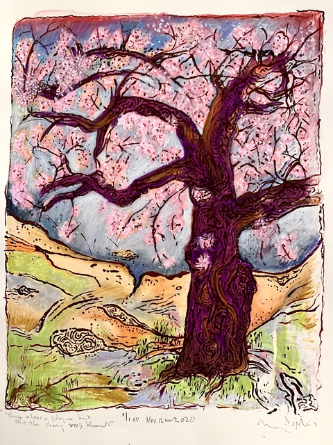 Nancer Lemoins, ‘There is/was a plague but still the cherry trees bloomed. HUZZAH’, 2020, Print, Silkscreen, gouache, caran d’Ache water soluble, Kala Art Institute