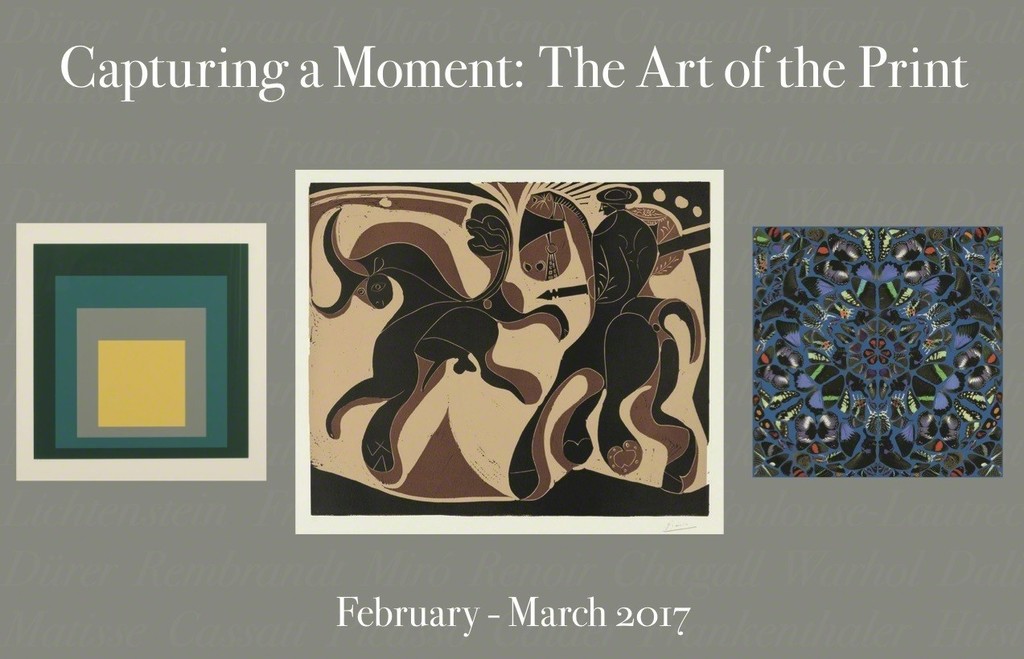 Left --Josef Albers, "Homage to the Square: SP-VI"; Center -- Pablo Picasso, "Taureau et Picador"; Right -- Damien Hirst, "Psalm: Miserere Mei Deus" Left --Josef Albers, "Homage to the Square: SP-VI"; Center -- Pablo Picasso, "Taureau et Picador"; Right -- Damien Hirst, "Psalm: Miserere Mei Deus"