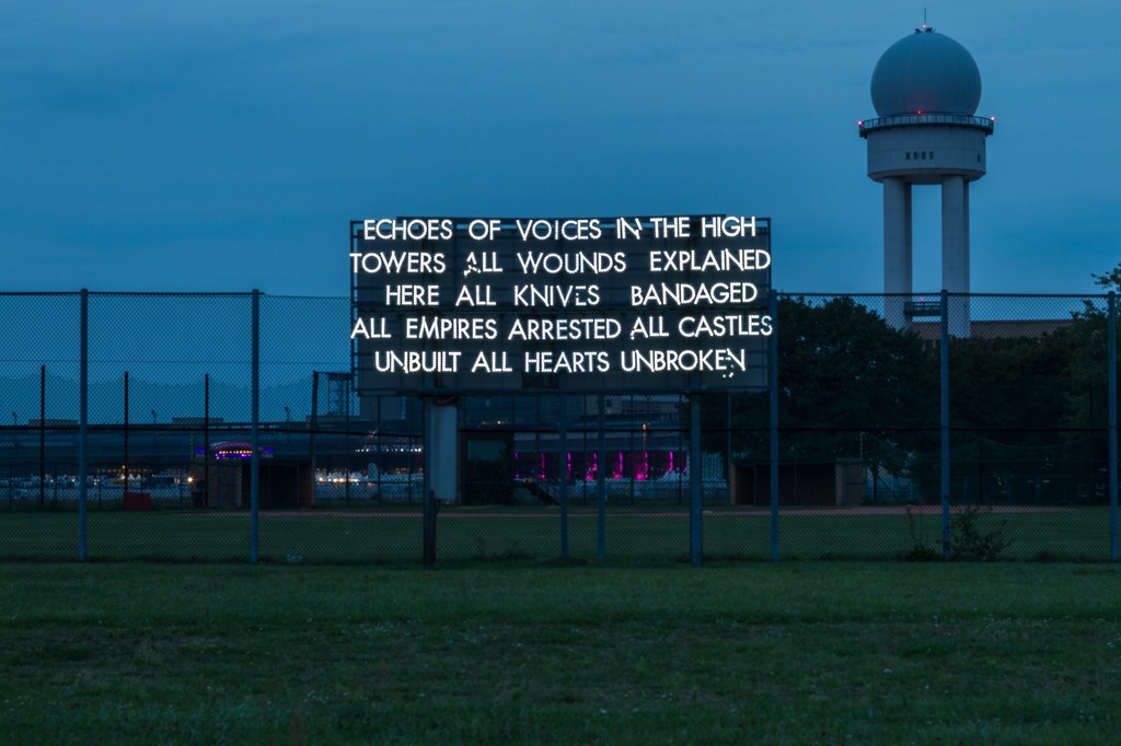 Robert Montgomery, site-specific installation on Tempelhofer Feld, 2012, photo: Benjamin Busch / NBR Robert Montgomery, site-specific installation on Tempelhofer Feld, 2012, photo: Benjamin Busch / NBR