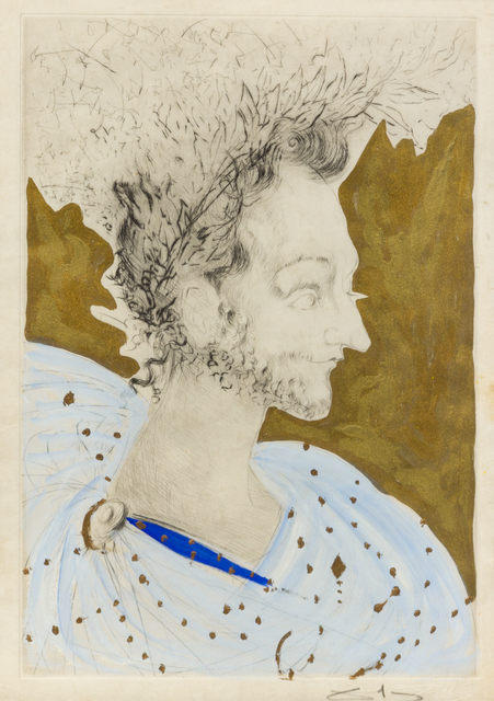 Salvador Dalí, ‘Portrait de Ronsard (from Les Amours de Cassandre)’, 1968, Print, Dry point etching with hand coloring and embellishment on japon, Hindman