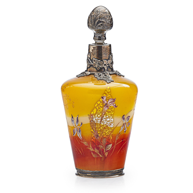 Galle, ‘Early bottle with irises and decorated overlay and stopper’, Design/Decorative Art, Acid-etched and enameled internally decorated glass, foil inclusions, silver, France, Rago/Wright
