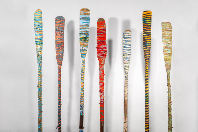 Raine Bedsole, ‘ Oars (sizes vary, sold as individual pieces)’, 2020, Sculpture, Wood, fabrics, glass, crystals nails, vintage maps and text, Callan Contemporary