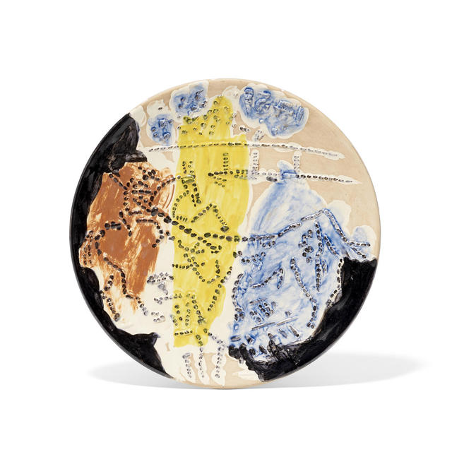 Pablo Picasso, ‘Picador, from Service Scènes de Corrida’, 1959, Sculpture, White earthenware clay plate, decorated in blue, brown, and black engobes under partial brushed glaze with beige patina., Masterworks Fine Art