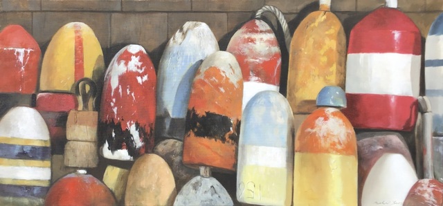 Michel Brosseau, ‘"Autumn Buoys" oil painting of red, orange and yellow buoys’, 2019, Eisenhauer Gallery