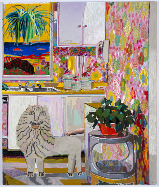 Leon Benn, ‘Lion in the Kitchen’, 2019, Painting, Oil, oil pastel and fabric dyes on Moroccan linen, David B. Smith Gallery