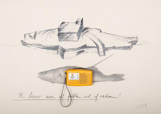 Wolf Vostell, ‘Fisch-Radio’, 1978, Drawing, Collage or other Work on Paper, Serigraph on Fabriano 5 Cotton as object graphic with two circular punchings for mounting a small transistor radio. Text in image: Vi laerer mere af fisken end af radioen (We learn more from fish than from radios), Galerie aKonzept