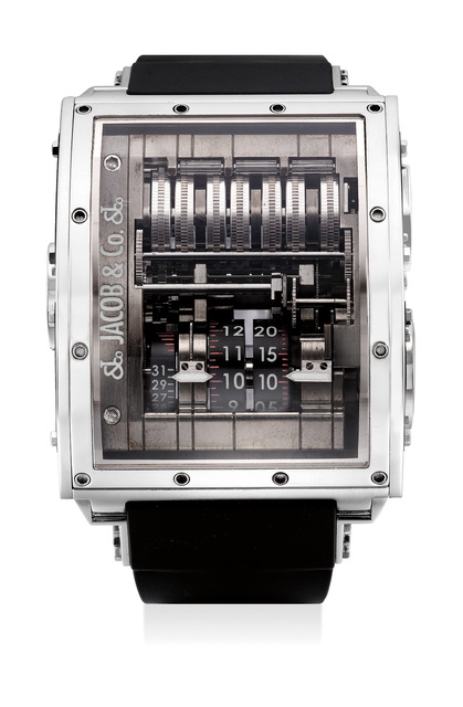 Jacob & Co., ‘An exceptional and rare limited edition white gold and carbon fiber vertical tourbillon wristwatch with 31-Day power reserve indicator, numbered 00 of a limited edition series of 99 pieces’, Circa 2008, Fashion Design and Wearable Art, 18K white gold and carbon fiber, Phillips