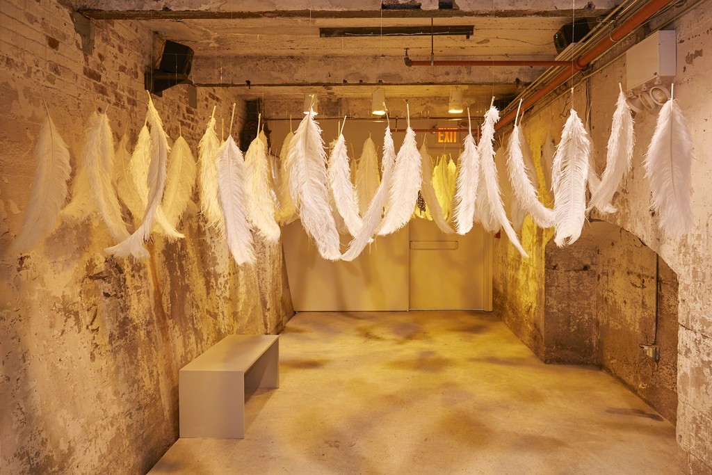 LaMont Hamilton, J.W, R.H, H.D, E.R, NHP (whispering of the self to the self), 2019, installation view, In Practice: Other Objects, SculptureCenter, New York, 2019. Installation with ostrich feathers, bells, recorded sound, light. Vocals by Anaïs Maviel, Wesley Chavis, Yaw Agyeman. Composition by LaMont Hamilton. Dimensions variable. Courtesy the artist. Photo: Kyle Knodell LaMont Hamilton, J.W, R.H, H.D, E.R, NHP (whispering of the self to the self), 2019, installation view, In Practice: Other Objects, SculptureCenter, New York, 2019. Installation with ostrich feathers, bells, recorded sound, light. Vocals by Anaïs Maviel, Wesley Chavis, Yaw Agyeman. Composition by LaMont Hamilton. Dimensions variable. Courtesy the artist. Photo: Kyle Knodell