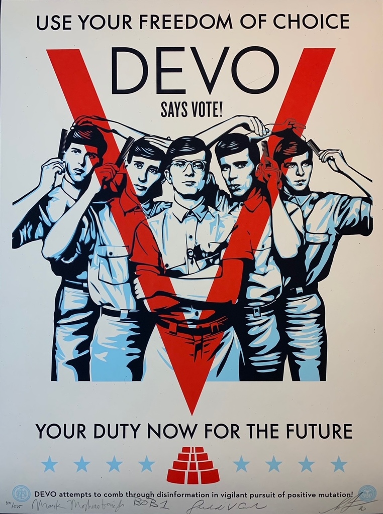 Shepard Fairey "DEVO" Vote! Print Signed By Shepard Fairey, Mark Mothersbaugh, Gerald Casale, and Bob Mothersbaugh.