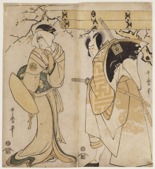 Kitagawa Utamaro, ‘The actors Ichikawa Omezo I in the role of and Adachi Tokuro and Nakayama Tomisaburo I in the role of Matsumura Tatsue-mon’, 1795-1796, Musée national des arts asiatiques - Guimet