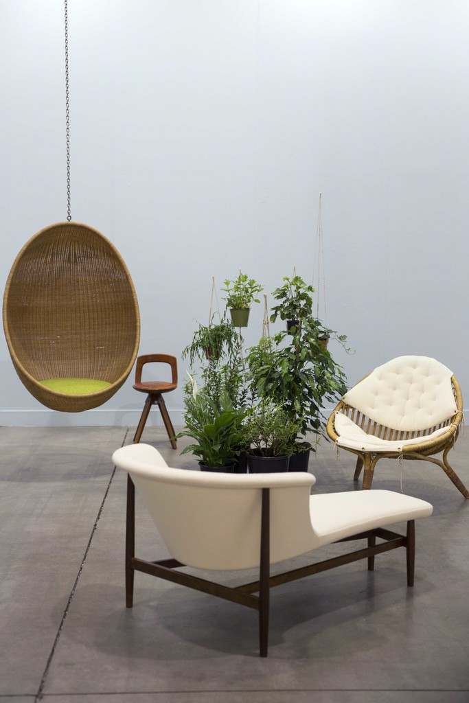 Hanging Egg chair (1959), rattan easy chair (1951) and unique chaise lounge (1951) by Nanna Ditzel, together with swivel stool (1957) by Tove and Edvard Kindt-Larsen Hanging Egg chair (1959), rattan easy chair (1951) and unique chaise lounge (1951) by Nanna Ditzel, together with swivel stool (1957) by Tove and Edvard Kindt-Larsen