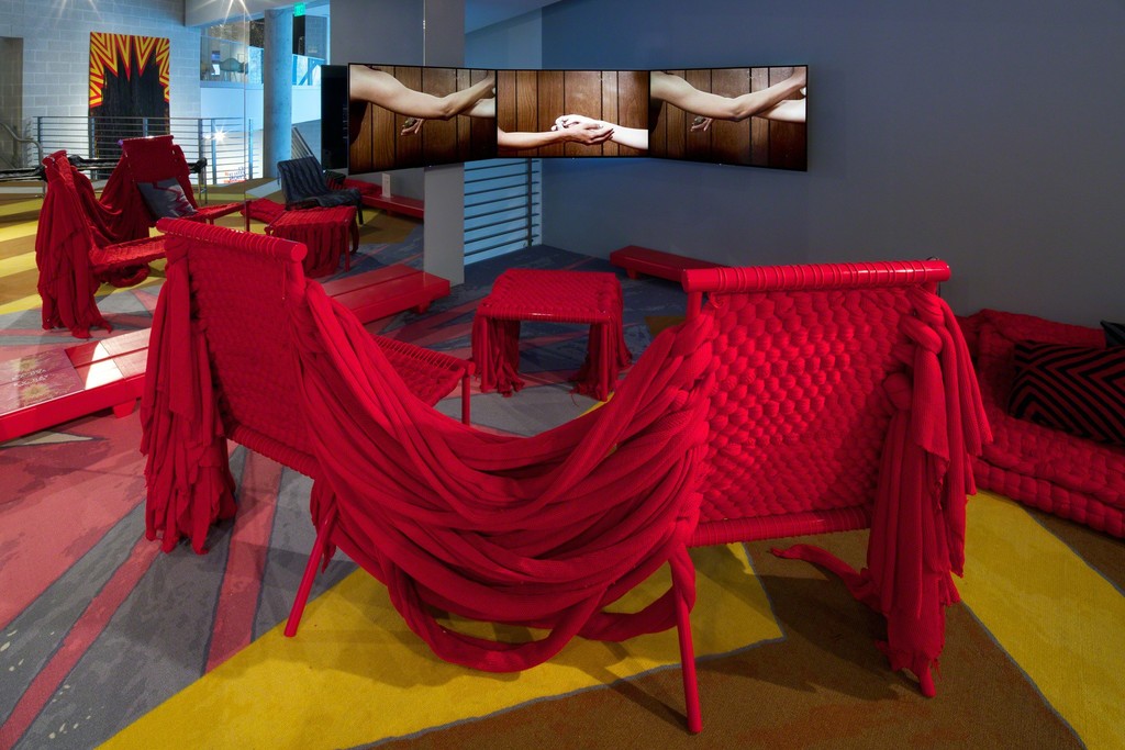 Installation view, Liz Collins: Energy Field, with the fourth iteration by Leah DeVun, in collaboration with Lauryn Siegel, Tang Teaching Museum, 2016, photo by Arthur Evans Installation view, Liz Collins: Energy Field, with the fourth iteration by Leah DeVun, in collaboration with Lauryn Siegel, Tang Teaching Museum, 2016, photo by Arthur Evans