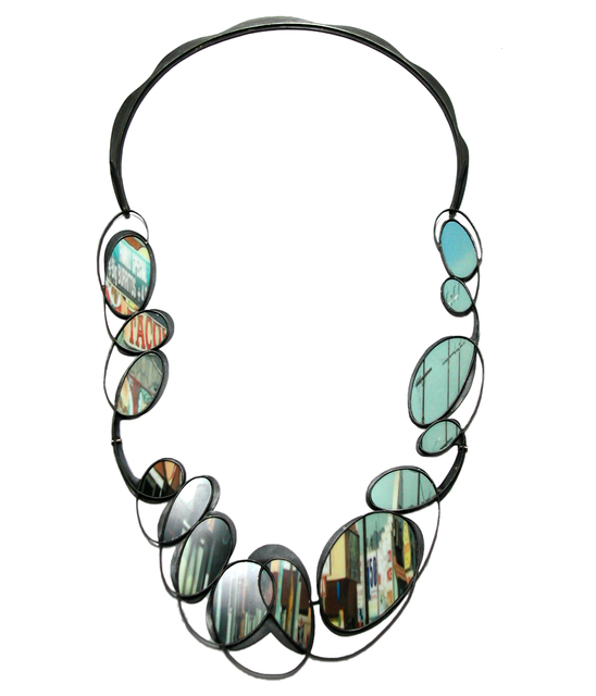 Sondra Sherman, ‘Upside Down In Paradise: TacosMassageKeepClear (Neckpiece)’, 2018, Jewelry, Steel, Chromalux print, sterling silver, Sienna Patti Contemporary