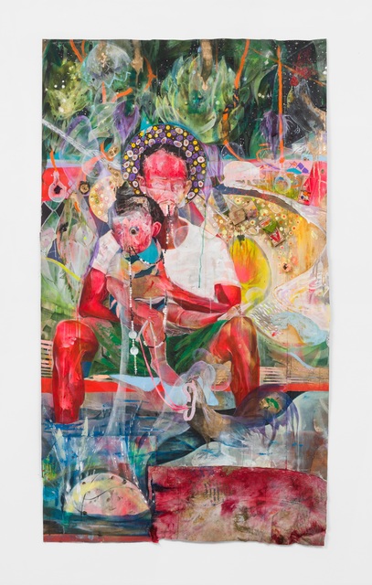 Lavar Munroe, ‘Virgin and Child’, 2020, Painting, Acrylic, spray paint, mousetraps, bubble gum, pearls, bath towel, thread and needle on canvas, M+B