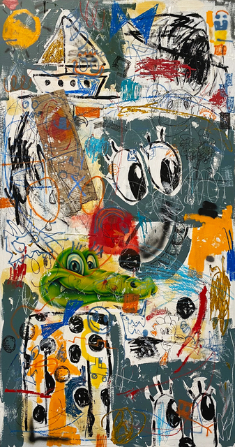 Barry Reigate, ‘Croc Sailing’, 2018, Painting, Mixed media including airbrush, spray paint, collage, crayon, oil and acrylic on canvas, AURUM GALLERY