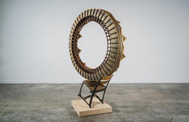 Dustin Farnsworth, XLIII, 2016, poplar, reclaimed wood, chair, pencil and various polychrome. Collection of Sandy Berlin. Dustin Farnsworth, XLIII, 2016, poplar, reclaimed wood, chair, pencil and various polychrome. Collection of Sandy Berlin.