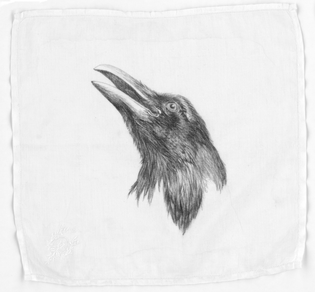Constance Edwards Scopelitis, ‘God Is In Clean Laundry: Raven’, 2019, Drawing, Collage or other Work on Paper, Carbon on vintage handkerchief, Garvey | Simon