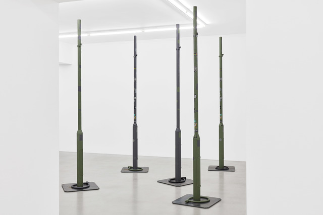 Sofia Hultén, ‘It, Is, What, It, Is’, 2019, Installation, 5 lampposts, paint, stickers, signbrackets, bicycle locks, Galerie Nordenhake