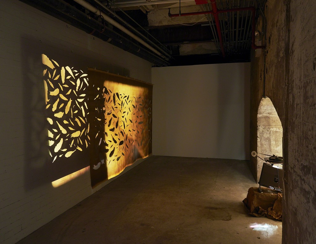 Kelly Akashi, Shadow Film, 2017, installation view, SculptureCenter, New York, 2017. 16mm film, projector, copper foil, copper rod, whipping twine, brass clips. Dimensions variable. Courtesy the artist and Ghebaly Gallery, Los Angeles. Photo: Kyle Knodell Kelly Akashi, Shadow Film, 2017, installation view, SculptureCenter, New York, 2017. 16mm film, projector, copper foil, copper rod, whipping twine, brass clips. Dimensions variable. Courtesy the artist and Ghebaly Gallery, Los Angeles. Photo: Kyle Knodell