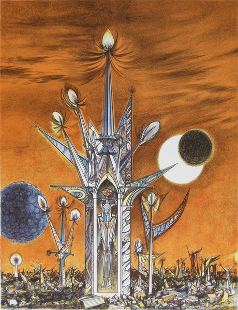 Joseph A. Mugnaini, ‘A Tower on Mars, from the portfolio Ten Views of the Moon’, 1981, Print, Color lithograph, from the edition of 150, printed by Lynston Kistler, Laguna Art Museum Benefit Auction