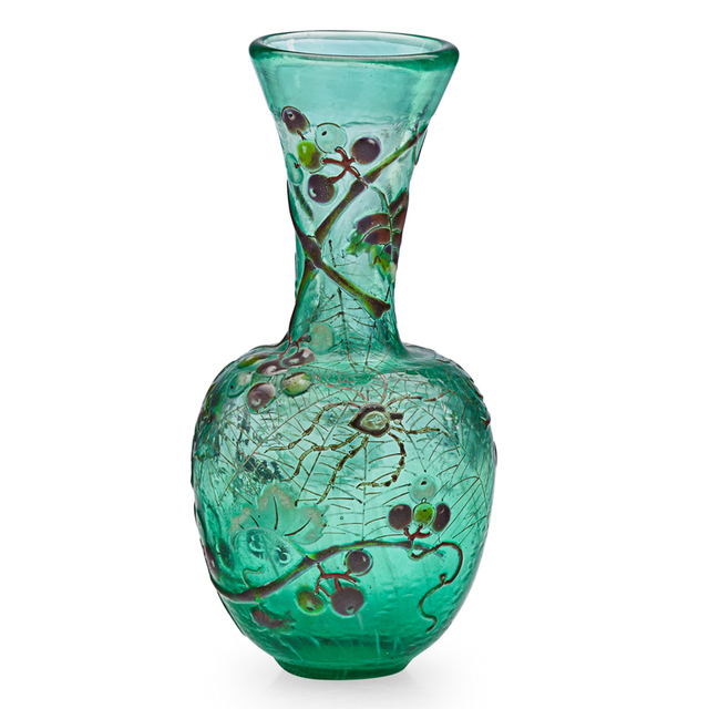 Galle, ‘Early Bud Vase With Spider And Web, France’, Late 19th C., Design/Decorative Art, Acid-Etched, Enameled, And Martelé Internally Decorated Glass, Rago/Wright