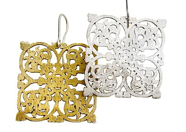 Jewelery collection by Galerie Sandhofer, ‘Large Square Earrings In Gold-Plated Sterling Silver With Ornaments’, 2017, Galerie Sandhofer