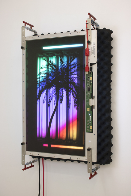 Tabor Robak, ‘Grow Light’, 2019, Mixed Media, Transparent led monitor, cannabis grow light, led light bars, digital media player, SD card, sound isolating foam, aluminum brackets, powder coated handles, wood, various hardware and cables, Halsey McKay Gallery