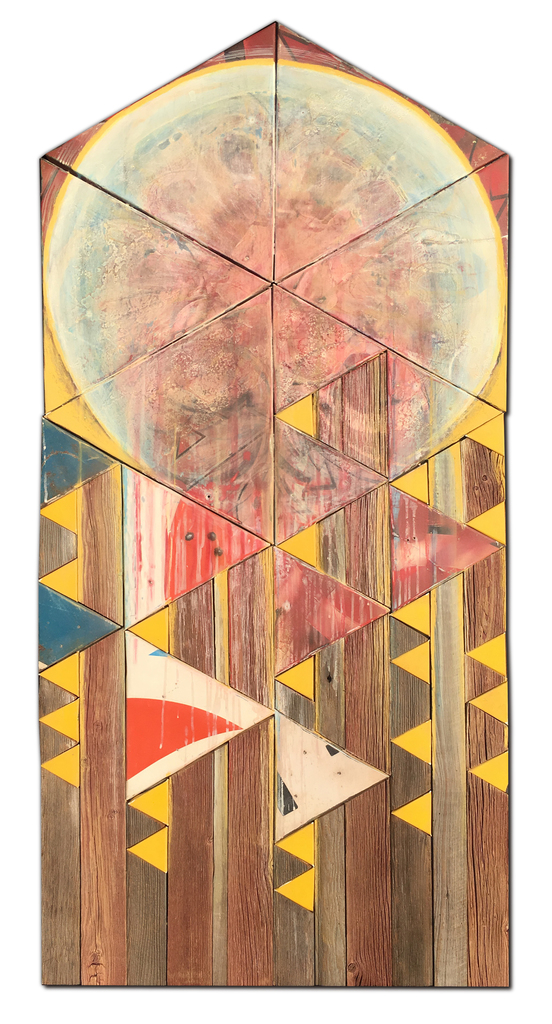 "Sun and Moon Download" by Benjamin Lowder, 2017, mixed media over vintage metal signage and reclaimed wood, 65" x 31" "Sun and Moon Download" by Benjamin Lowder, 2017, mixed media over vintage metal signage and reclaimed wood, 65" x 31"