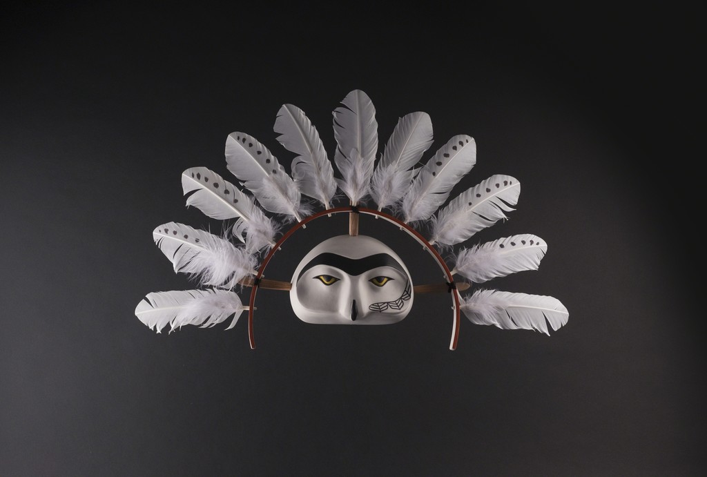 "Snow (Ig’it)" by Allie High (Aleut/Haida/Ts'msyen)
Basswood, Steambent Oak, Acrylic, Turkey Feathers
15"h x 23"w x 4"d "Snow (Ig’it)" by Allie High (Aleut/Haida/Ts'msyen)
Basswood, Steambent Oak, Acrylic, Turkey Feathers
15"h x 23"w x 4"d