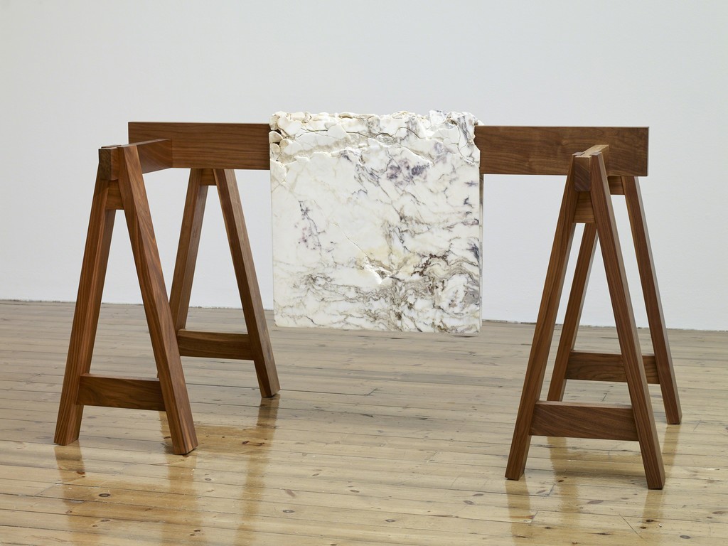 Analia Saban, Draped Marble (Fior di Pesco Apuano), 2015. Installation shot of "Wasteland" at Mona Bismarck American Center, Paris, 2016. Analia Saban, Draped Marble (Fior di Pesco Apuano), 2015. Installation shot of "Wasteland" at Mona Bismarck American Center, Paris, 2016.