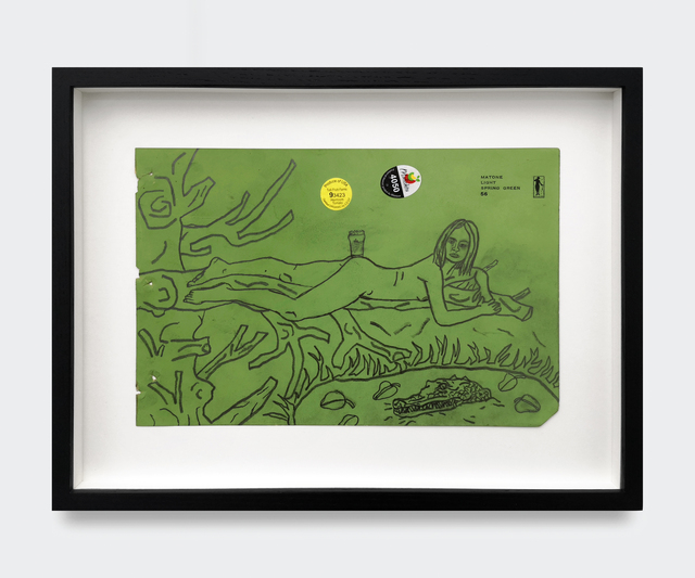 Danny Fox, ‘Untitled’, 2019, Drawing, Collage or other Work on Paper, Graphite, acrylic and fruit sticker on antique paint sample paper In handmade black ash wood frame with Ultravue glass, V1 Gallery