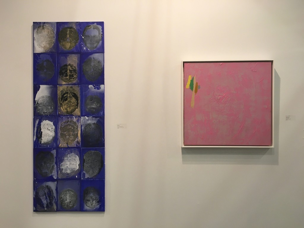 SoyHun BAE: 4 1/2 Bows, 2016, acrylic on canvas, 72 x 27"; William PEREHUDOFF: AC80-014, 1980, acrylic on canvas, 32x32" SoyHun BAE: 4 1/2 Bows, 2016, acrylic on canvas, 72 x 27"; William PEREHUDOFF: AC80-014, 1980, acrylic on canvas, 32x32"