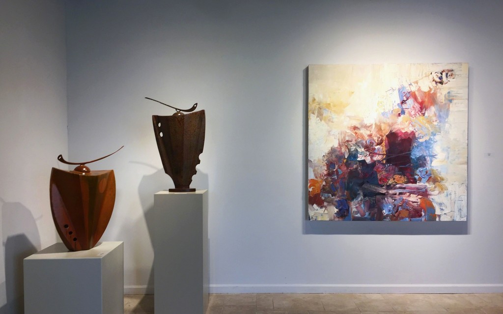 Two steel vessels by Mark Dickson; Criss Cross, painting by Chris Hayman Two steel vessels by Mark Dickson; Criss Cross, painting by Chris Hayman