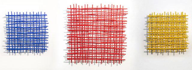 Shayne Dark, ‘Gridlock Trio - blue, red, yellow, grids, large triptych wall sculpture’, 2020, Sculpture, Aluminum, metal, paint, Oeno Gallery