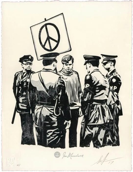 Shepard Fairey Peaceful Protestor Letterpress Screenprint Stop Wars Jim Marshall