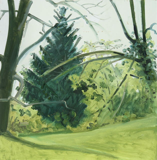 Lois Dodd, ‘Hedgerow & Trees, Fall’, 1989, Painting, Oil on Masonite, Alexandre Gallery