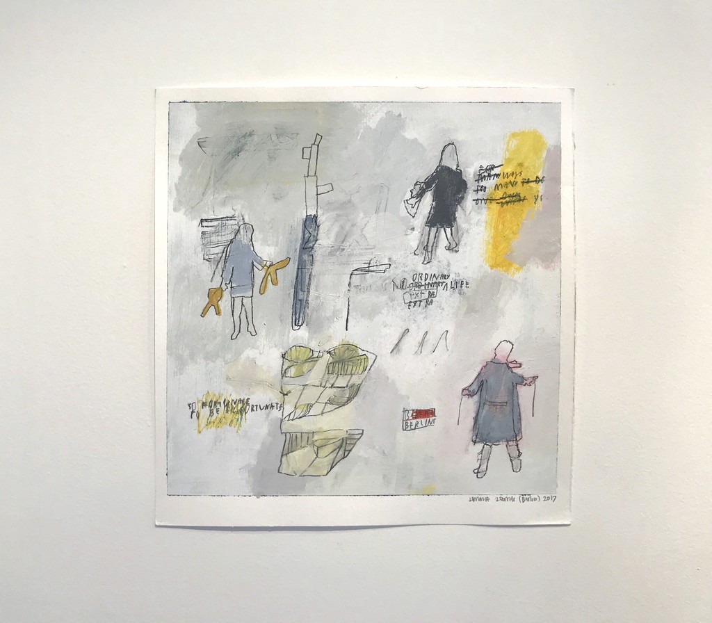 "Storylines: Works on Paper by Sally Gil & Jimmie James," installation view. Jimmie James, "this is no ordinary life," 2017, acrylic and graphite on watercolor paper, 13 x 13 in. "Storylines: Works on Paper by Sally Gil & Jimmie James," installation view. Jimmie James, "this is no ordinary life," 2017, acrylic and graphite on watercolor paper, 13 x 13 in.