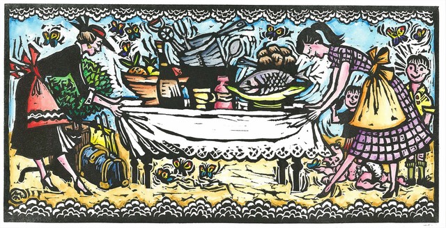 Miriam Cullen, ‘A Lot on Her Plate’, 2015, Print, Linocut and watercolour, Open Bite Printmakers