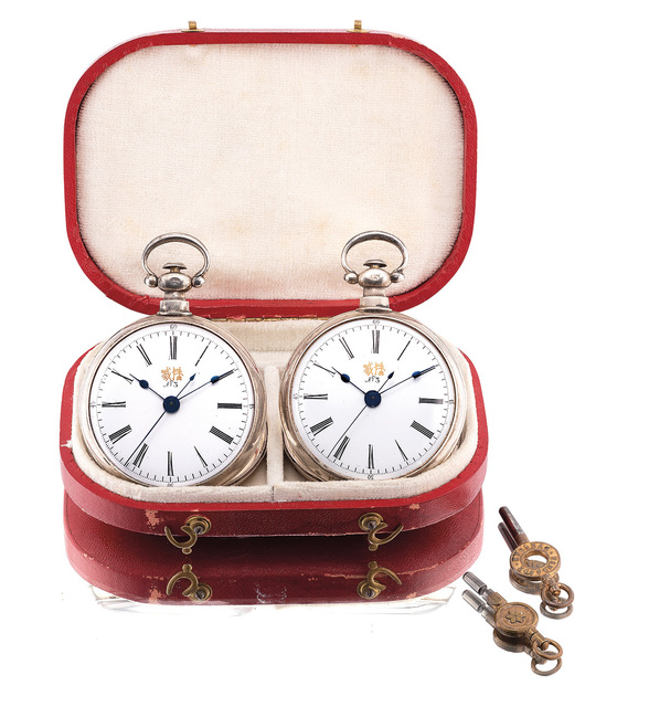 Bovet, ‘A very fine and rare matching pair of silver openface pocket watches with center seconds and original fitted presentation case and winding keys’, Circa 1890, Phillips