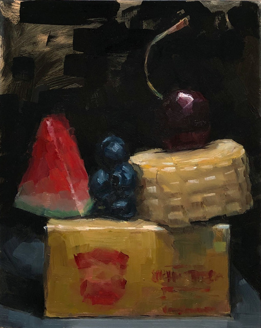 Tom Giesler, ‘Small Summer #1: little butter stick, tiny slice of baby watermelon, mini pile of blueberries, short corn, cherry on top’, 2019, Painting, Oil on panel, McVarish Gallery