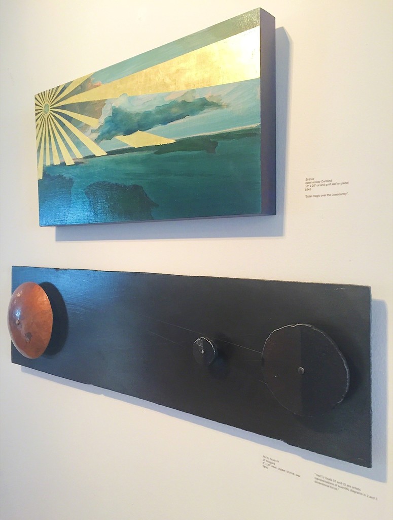 "Eclipse" 10" x 12" Kate Hooray Osmond oil and gold leaf on panel, "Not to Scale 01" 8" x 30" JP Shepard brass, steel, copper "Eclipse" 10" x 12" Kate Hooray Osmond oil and gold leaf on panel, "Not to Scale 01" 8" x 30" JP Shepard brass, steel, copper