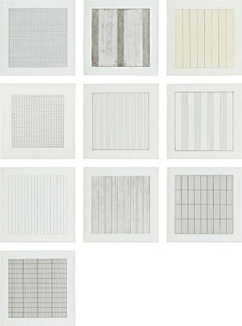 Agnes Martin, ‘Paintings and Drawings, 1974-1990, a Portfolio of 10 Lithographs for the Stedelijk Museum’, 1991, Print, The complete set of 10 lithographs in colours, on vellum parchment paper, with full margins, with text, the sheets loose (as issued) all contained in the original grey card portfolio with printed uppers., Alpha 137 Gallery